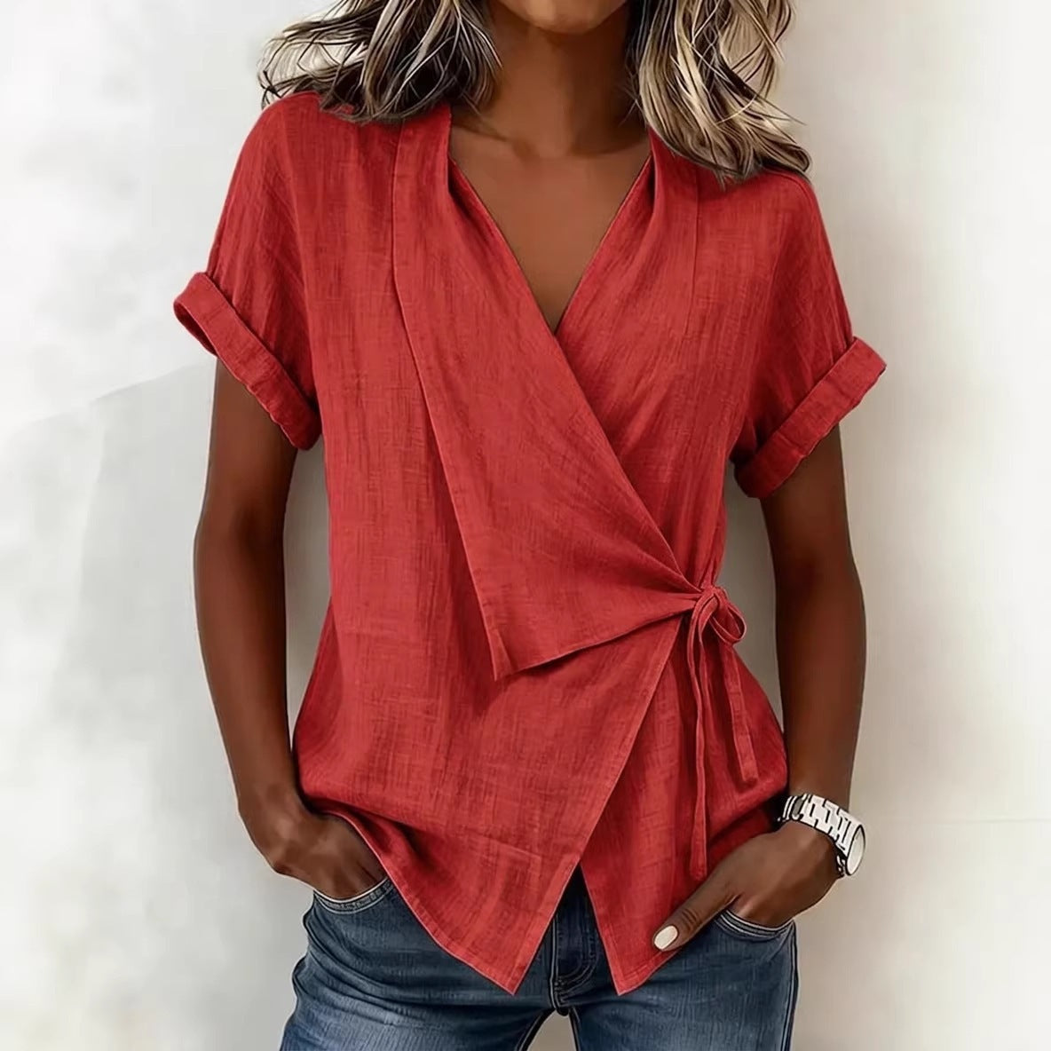 Wrap Tie Waist Linen Blend Short Sleeve V-Neck Blouse