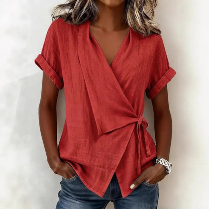 Wrap Tie Waist Linen Blend Short Sleeve V-Neck Blouse
