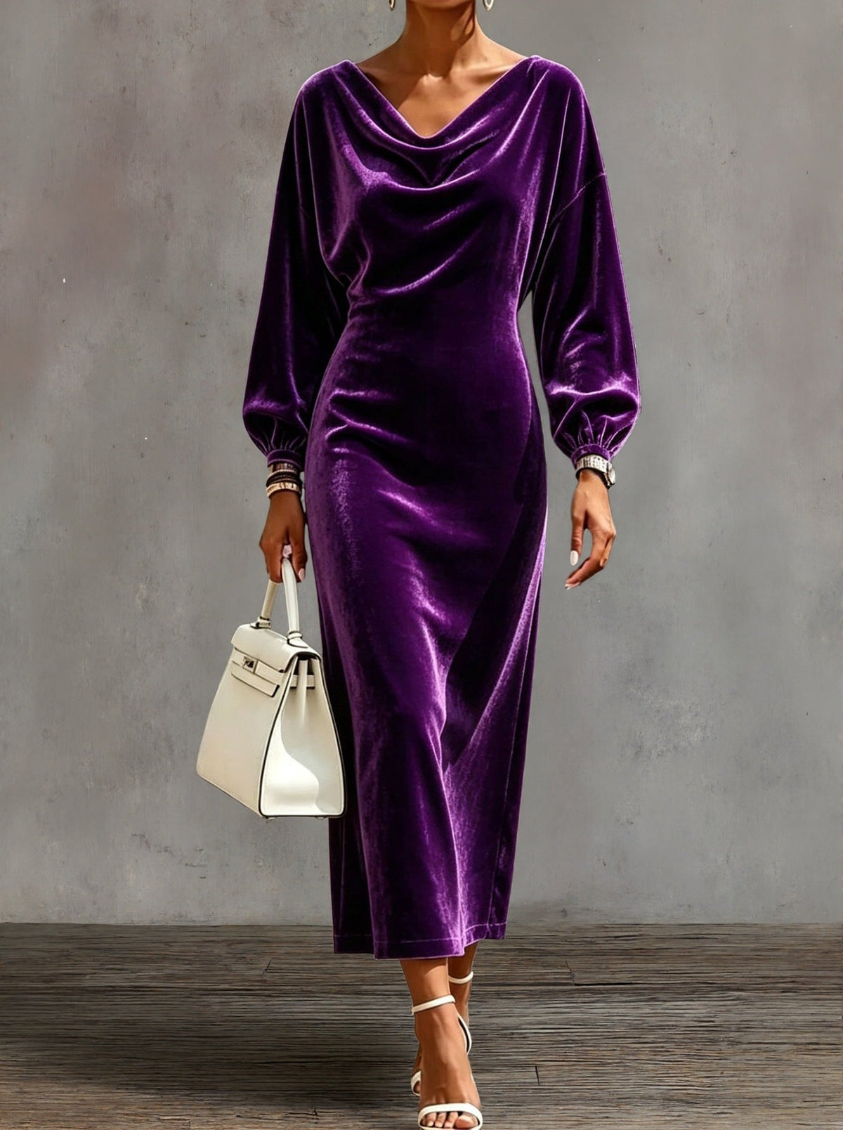 Robe midi en velours à col cache‑cou et manches bouffantes
