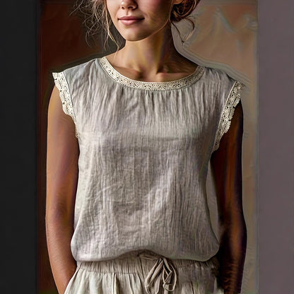 Women'S Retro Loose Solid Color Round Neck Lace Splicing Sleeveless Linen Shirt