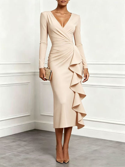 Women’s Solid Blush‑Pink Wrap Ruffle Ruched Long‑Sleeve Midi Dress - Apricot / S
