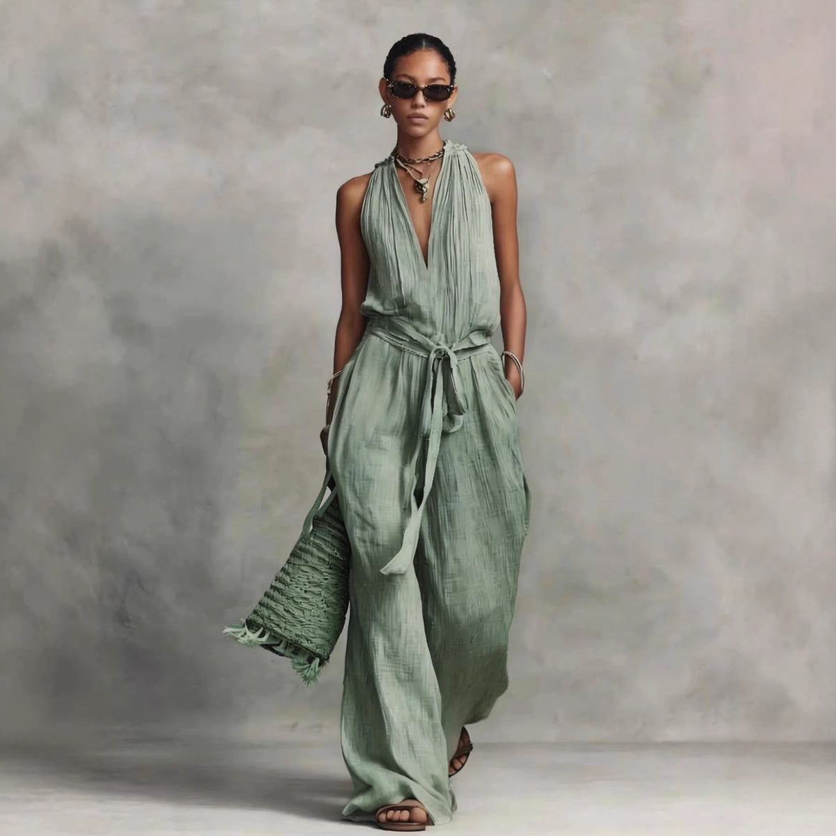 Casual Lace-Up Sleeveless Cotton Blend Jumpsuit