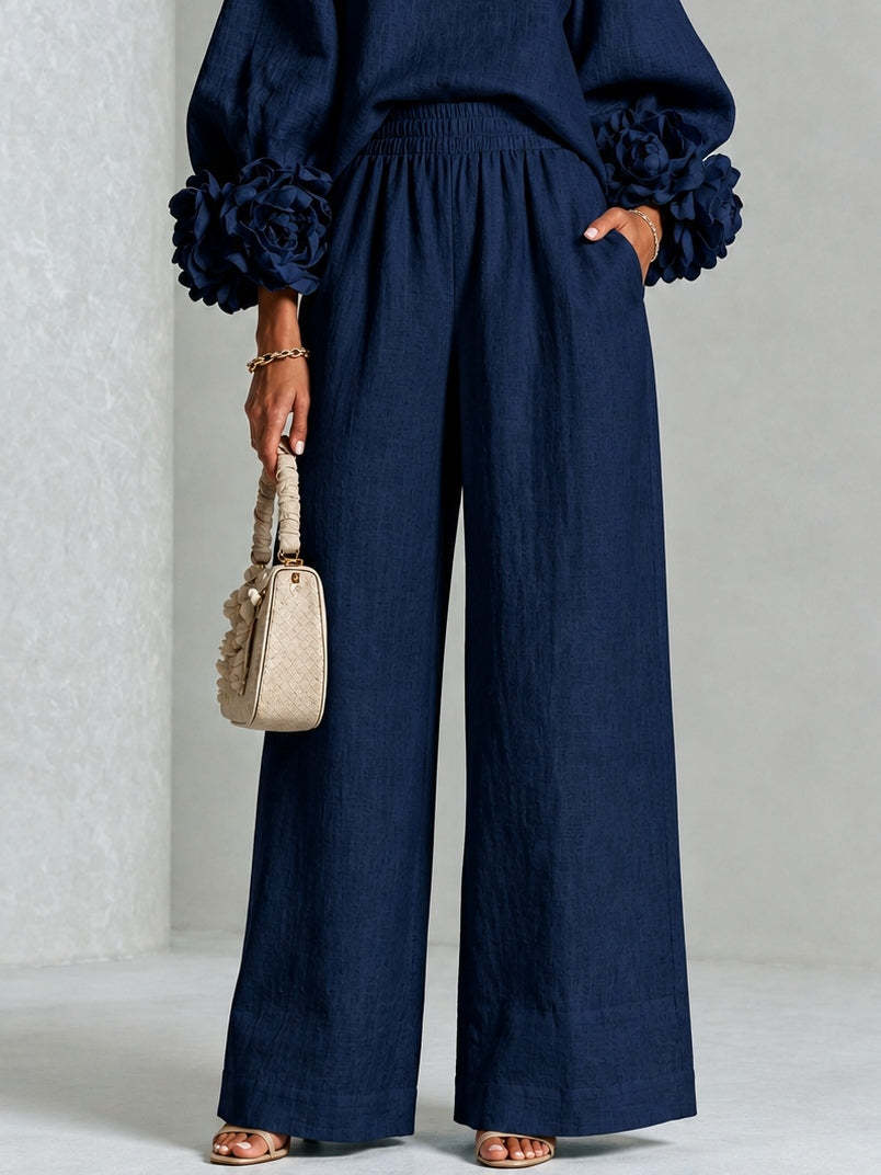 Pink Top Featuring Striking Floral Cuffs Paired With Wide-leg Pants Suit
