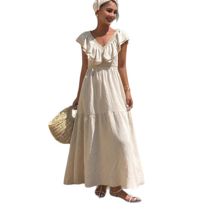 Women Solid V Neck Flutter Sleeve Loose Tiered Flowy Maxi Dress For Summer Vacation