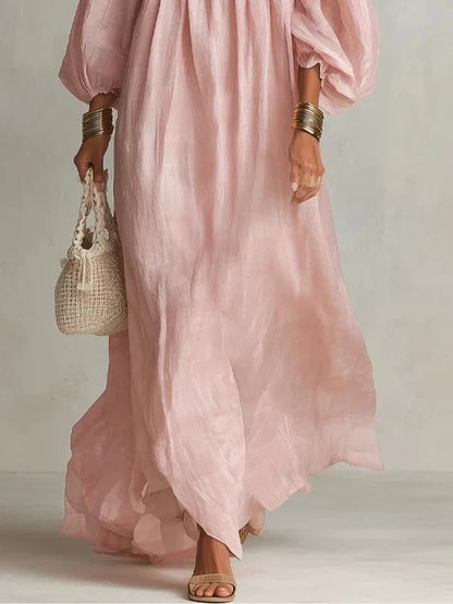 Robe longue bohème à encolure carrée, buste smocké et manches bouffantes