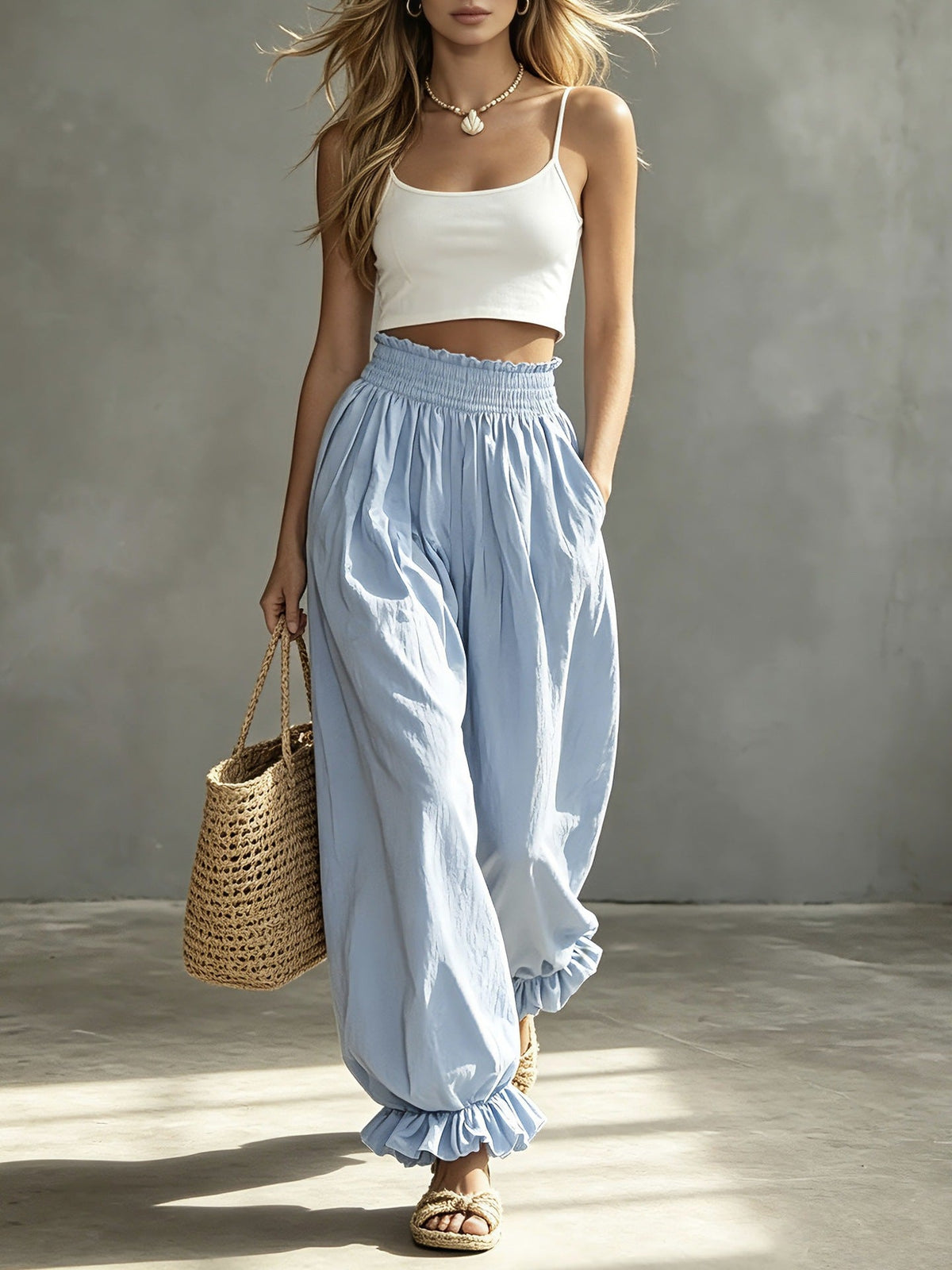 Pantalon décontracté bleu clair à volants et manches lanterne, taille élastique