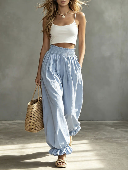 Pantalon décontracté bleu clair à volants et manches lanterne, taille élastique