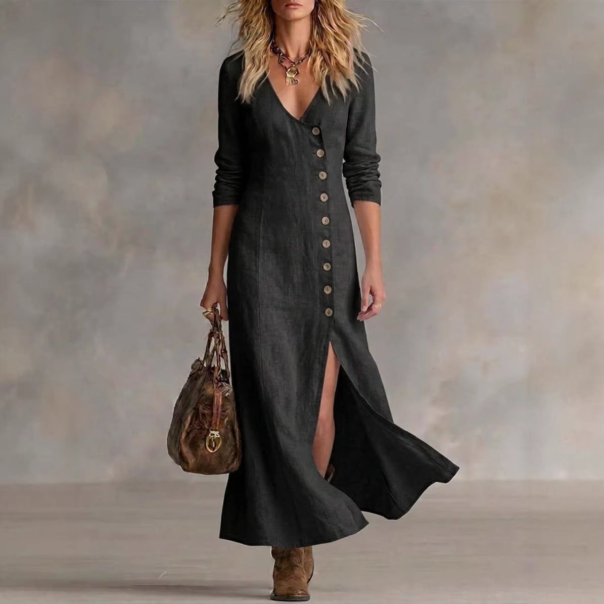 Robes longues mode en coton et lin à plusieurs boutons