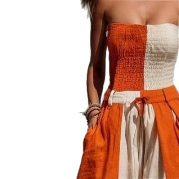 Orange White Vertical Color Block Smocked Strapless Linen Jumpsuit