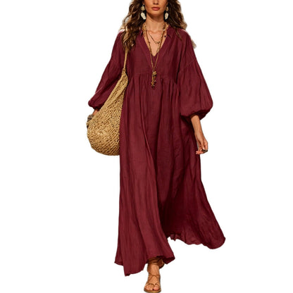 Robe longue Bohème col en V manches ballon en lin mélangé