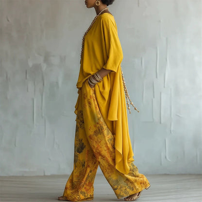Women's Artistic Linen-Blend Asymmetrical Top & Floral Print Wide Leg Pants Two-Piece Set