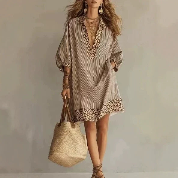 Striped Leopard Trim Loose Shirt Mini Dress