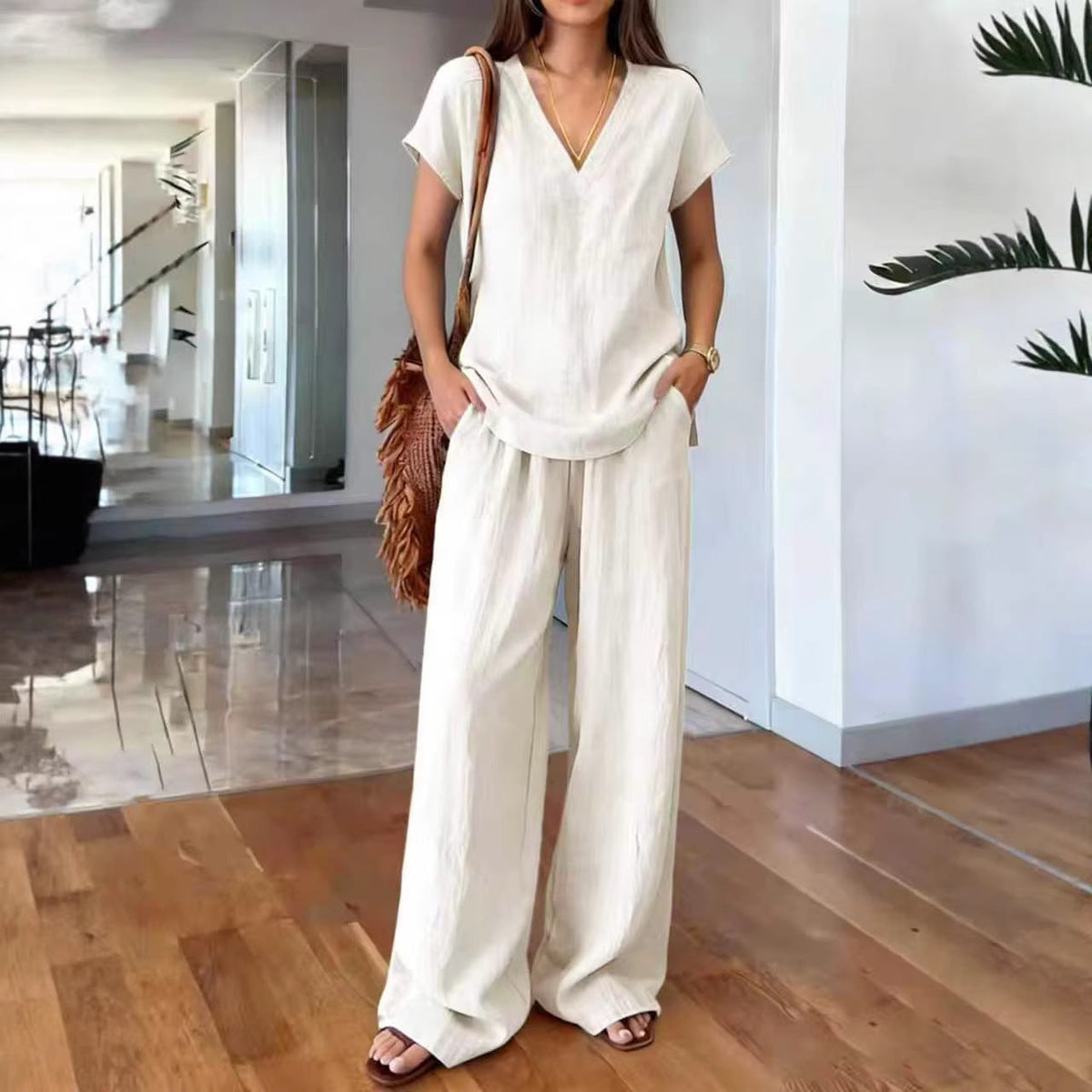 Linen V Neck Cap Sleeve Top & Elastic Waist Wide Leg Pants 2 Piece Co-Ord Set