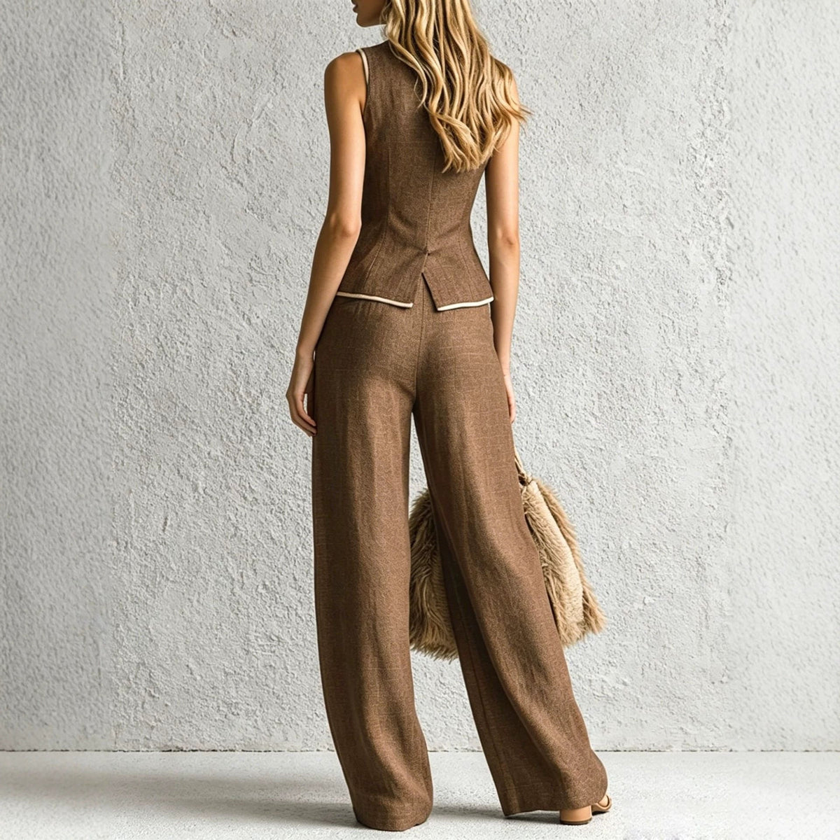 Linen White Piping Sleeveless Vest Wide Leg Pants Two Piece Suit