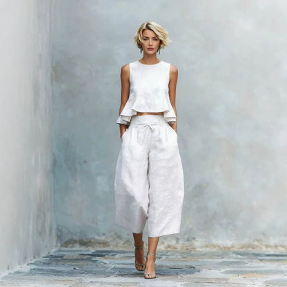 Linen Ruffle Crop Top Tie Waist Culotte Two Piece Set