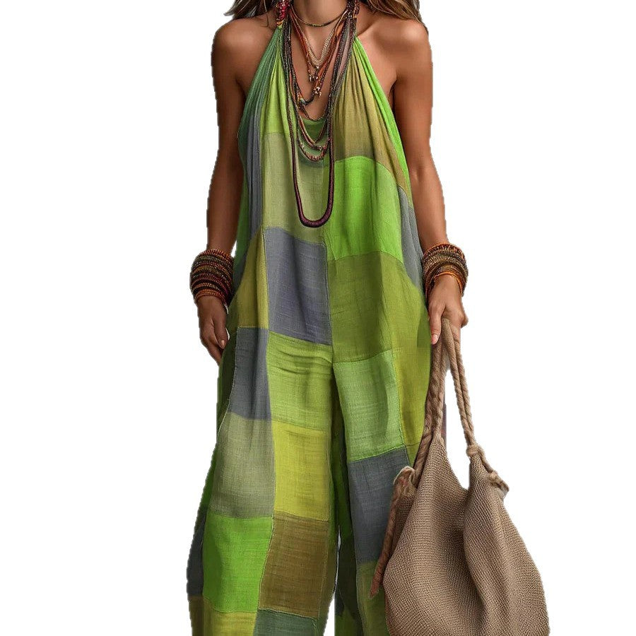 Boho Patchwork Halter Wide-Leg Jumpsuit