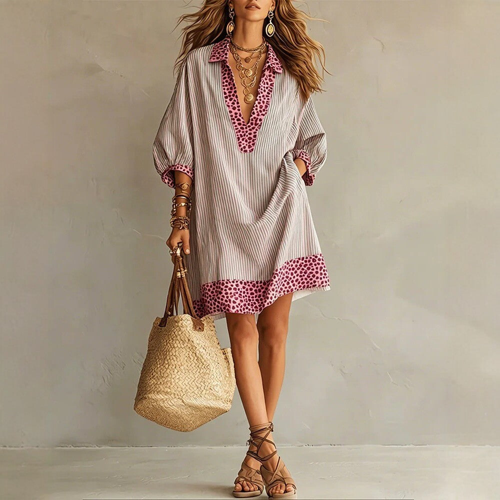 Striped Leopard Trim Loose Shirt Mini Dress