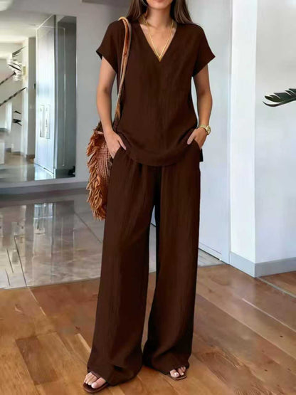 Linen V Neck Cap Sleeve Top & Elastic Waist Wide Leg Pants 2 Piece Co-Ord Set