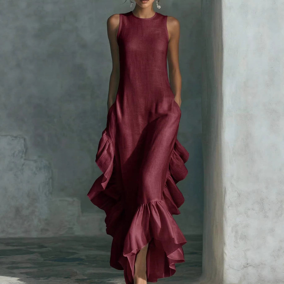 Robe longue maxi en lin sans manches à volants