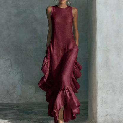 Robe longue maxi en lin sans manches à volants