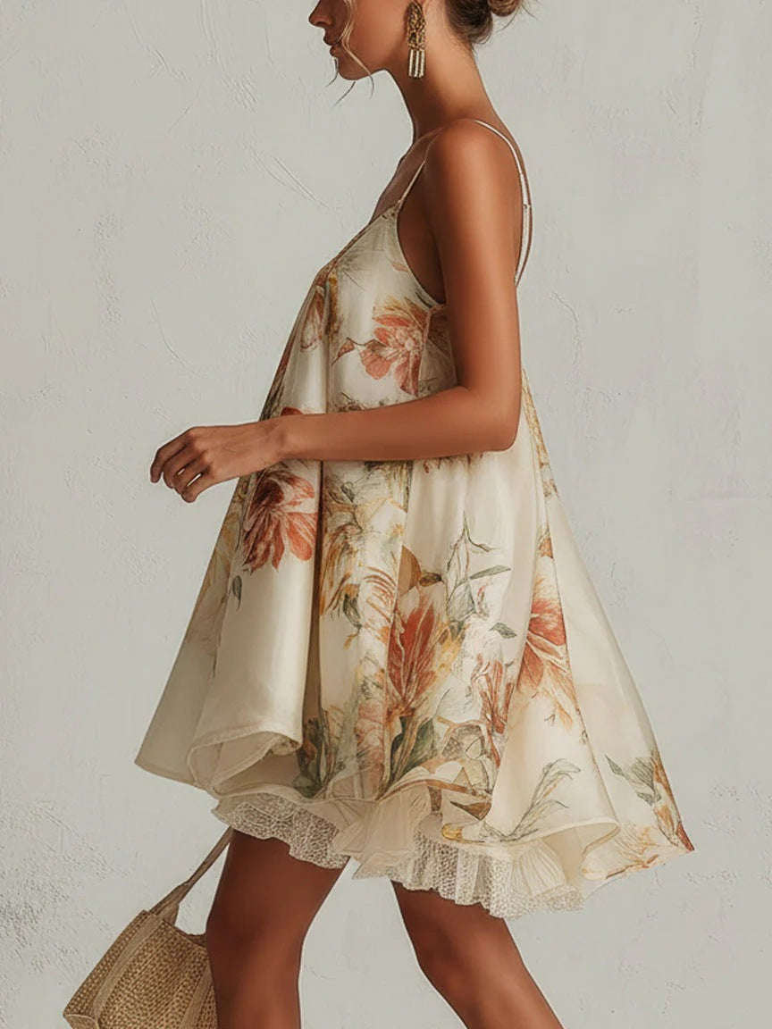 Women’s Vintage Floral Print Spaghetti‑Strap High‑Low Ruffle Mini Dress