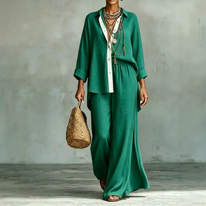 Contrast Trim Linen Shirt Wide Leg Pants 2 Piece Set