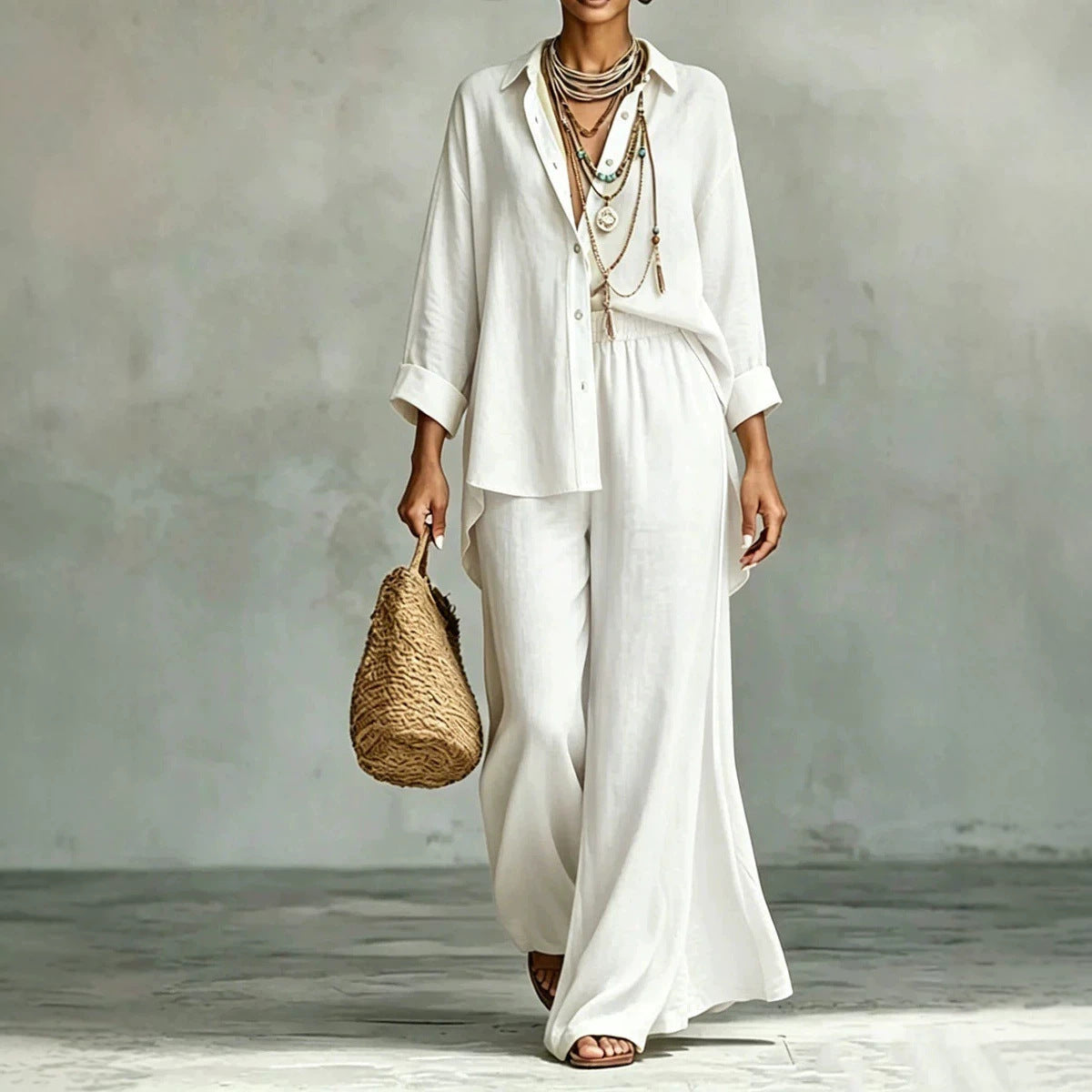 Contrast Trim Linen Shirt Wide Leg Pants 2 Piece Set