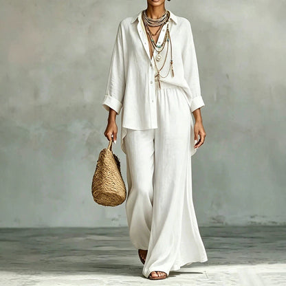 Contrast Trim Linen Shirt Wide Leg Pants 2 Piece Set