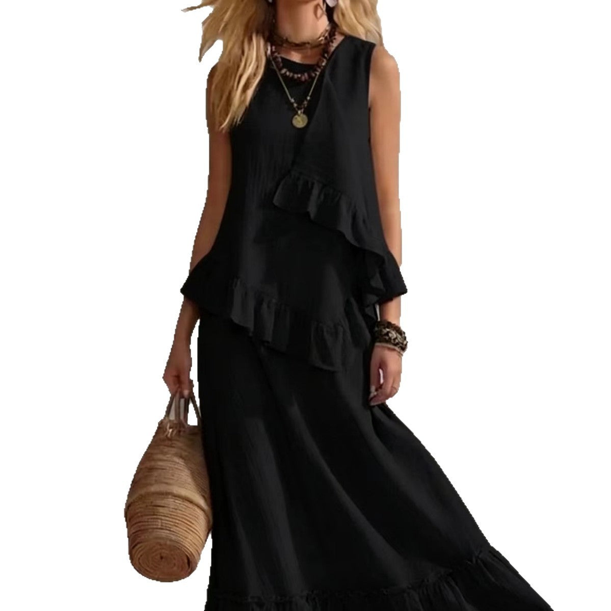 Asymmetrical Ruffle Sleeveless Textured Maxi Dress, Flowy Loose Summer Resort Long Dress