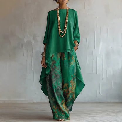 Women's Artistic Linen-Blend Asymmetrical Top & Floral Print Wide Leg Pants Two-Piece Set