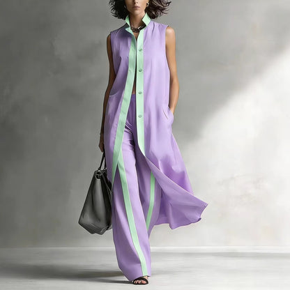 Contrast Sleeveless Tunic & Wide-Leg Pants Set Modern Sophistication, Effortless Tailored Style