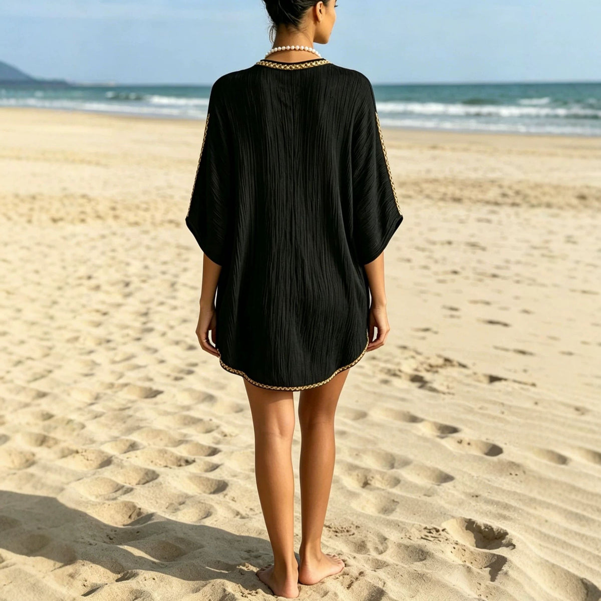 Deep V Batwing Sleeve High Low Hem Loose Beach Swim Tunic Mini Dress