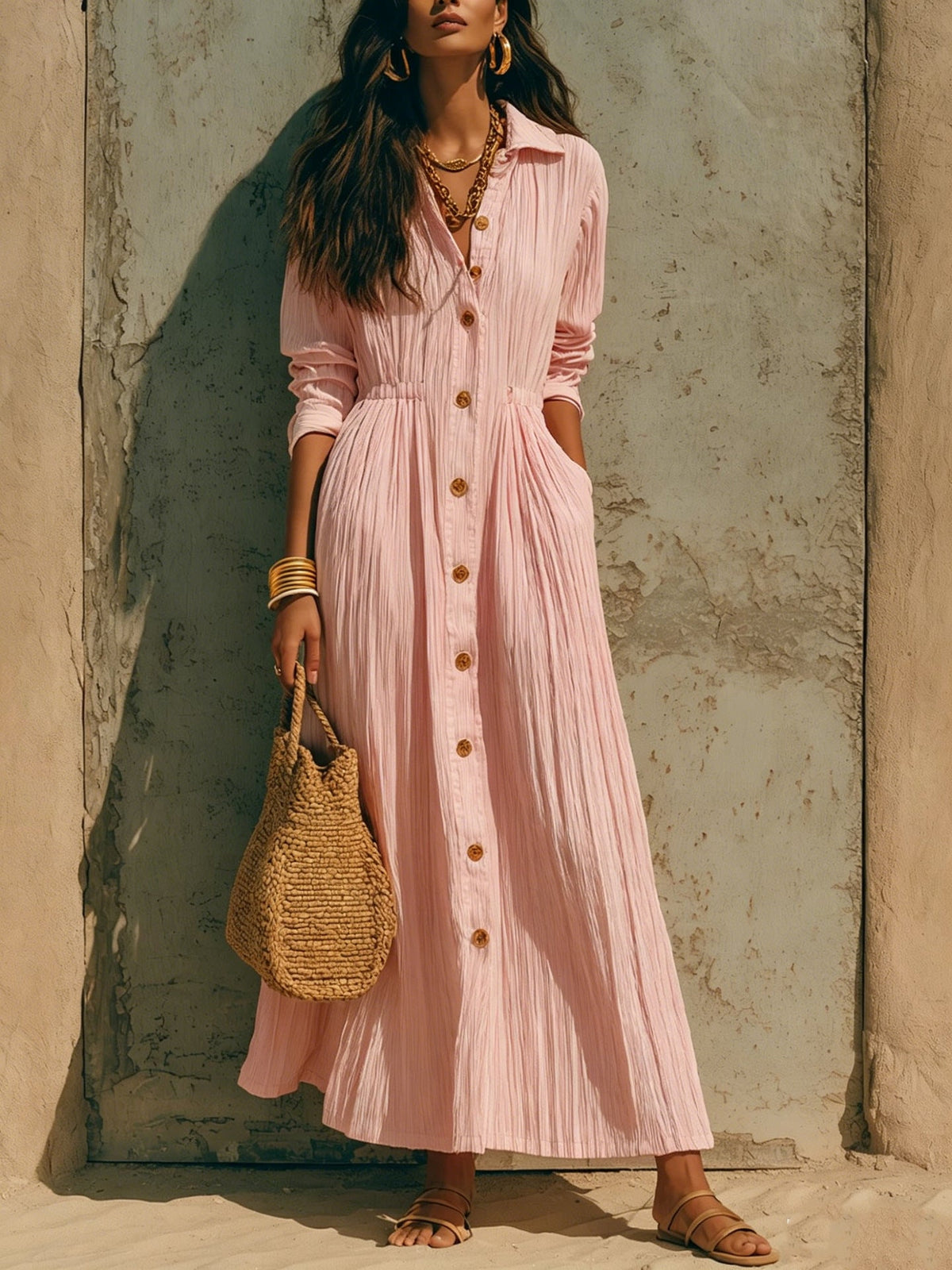 Oversized Crinkled Button Down Shirt Maxi Dress