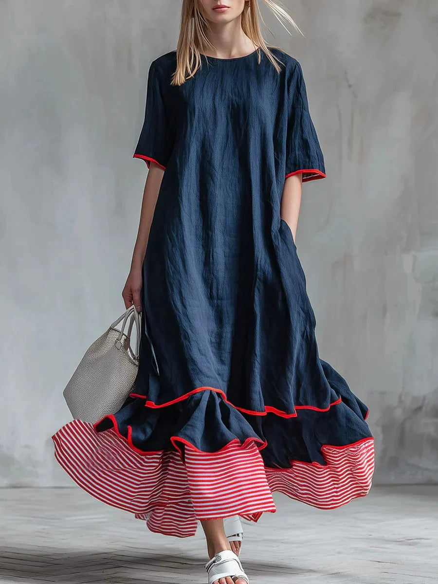 Linen Piping Stripe Ruffle Hem Loose Maxi Dress