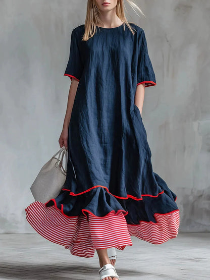 Linen Piping Stripe Ruffle Hem Loose Maxi Dress