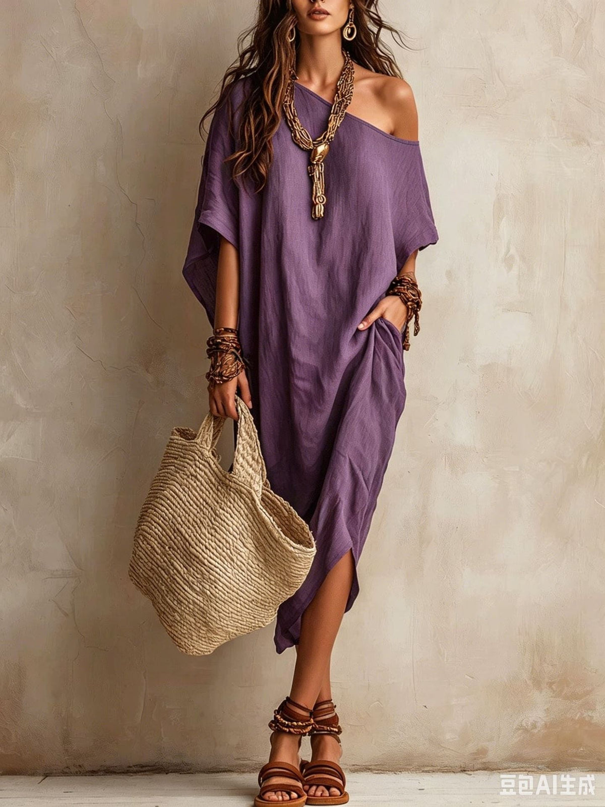 Slanted Shoulder Cotton And Linen Dress Women'S Loose Bat Sleeves Mid-Length Slit Holiday Dress