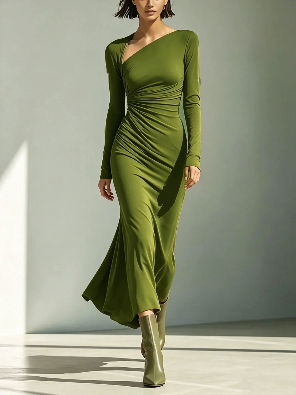 Women’s Solid Rust-Red Asymmetric Ruched Long-Sleeve Maxi Dress - Green / S - DRESSES