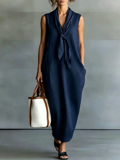 Natural Beige Linen Sleeveless Front Tie Knot Midi Shift Dress