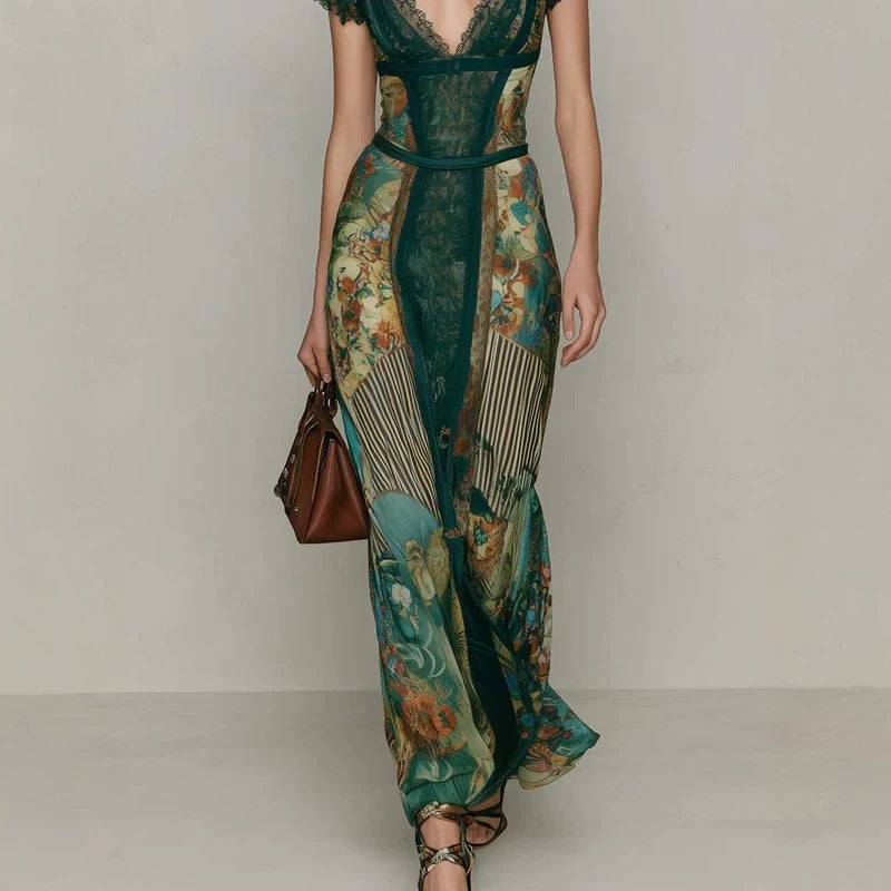 Deep V‑Neck Lace Cap Sleeve Vintage Print Maxi Dress
