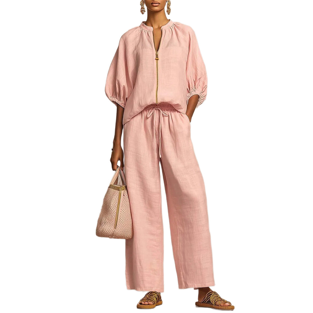 Nouveautés🔥 Ensemble deux‑pièces en lin et coton : chemise zippée élégante et confortable et pantalon à jambes larges