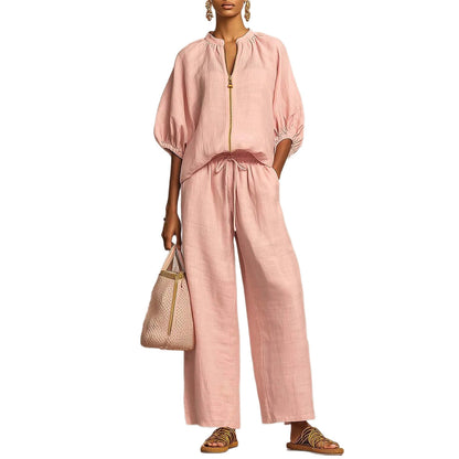 Nouveautés🔥 Ensemble deux‑pièces en lin et coton : chemise zippée élégante et confortable et pantalon à jambes larges