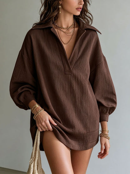 Robe Tunique Col V Texture Crinkle Femme Manches Longues Ample Décontractée Mini-Robe