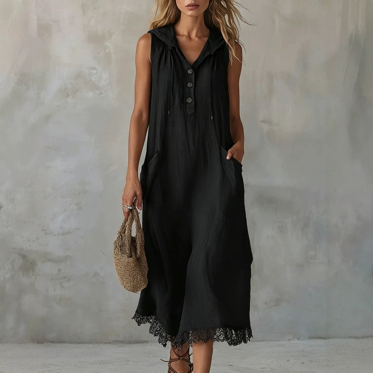 Sleeveless Collared Half Button Lace Hem Linen Midi Dress