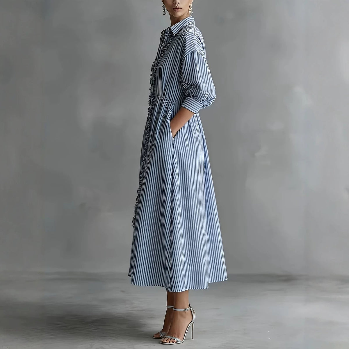 Blue‑White Stripe Ruffle Trim Shirt Midi Dress