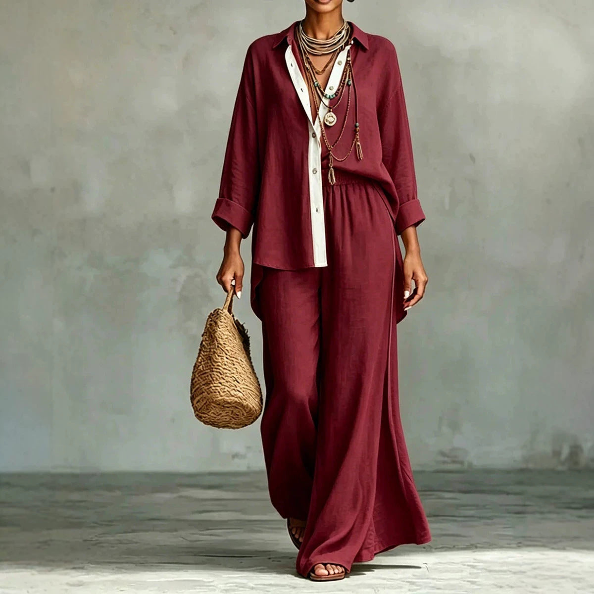Contrast Trim Linen Shirt Wide Leg Pants 2 Piece Set