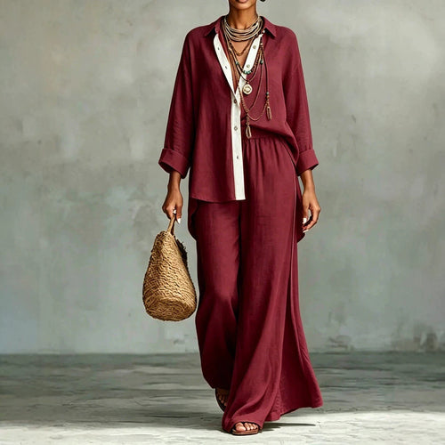 Contrast Trim Linen Shirt Wide Leg Pants 2 Piece Set