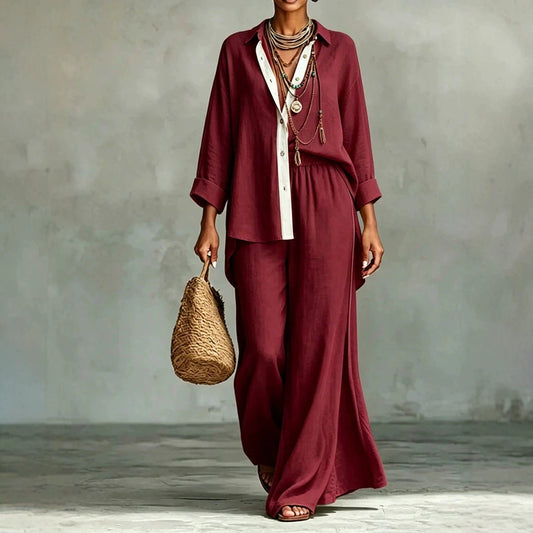 Contrast Trim Linen Shirt Wide Leg Pants 2 Piece Set