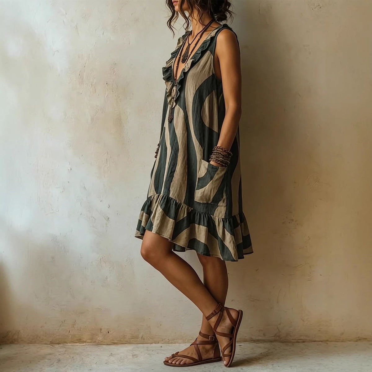 Abstract Wave Print Ruffle V-Neck Sleeveless Linen Mini Dress with Pockets
