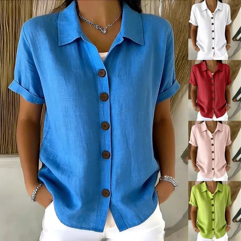 Chemise en lin à manches courtes pour femme, à col rabattu