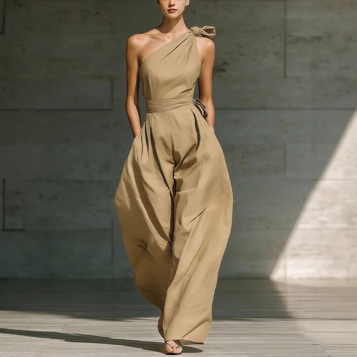 Combinaison sans manches à épaule asymétrique et taille marquée